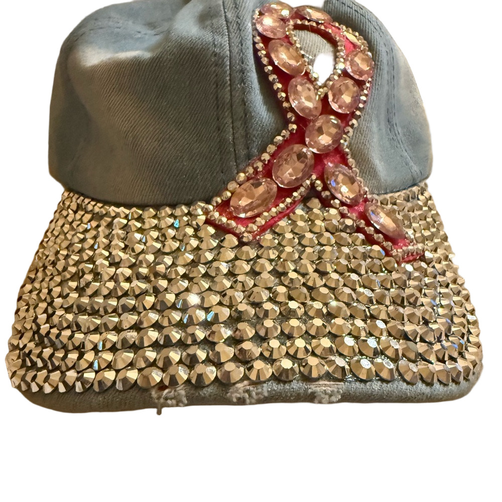 Rhinestone Denim Cap with Pink Cancer Ribbon Accent NWOT